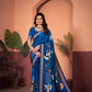 Exquisite Royal Blue Saree with Positional Floral Print & Foil-Embellished Pallu