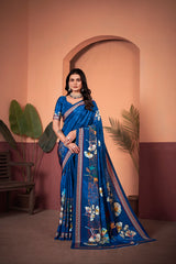 Exquisite Royal Blue Saree with Positional Floral Print & Foil-Embellished Pallu