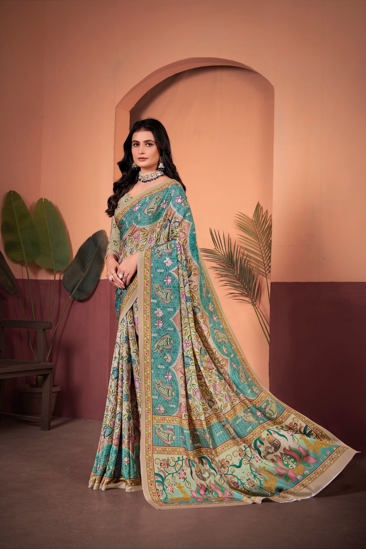 Elegant Beige & Blue Saree with Positional Floral Print & Foil Detailing