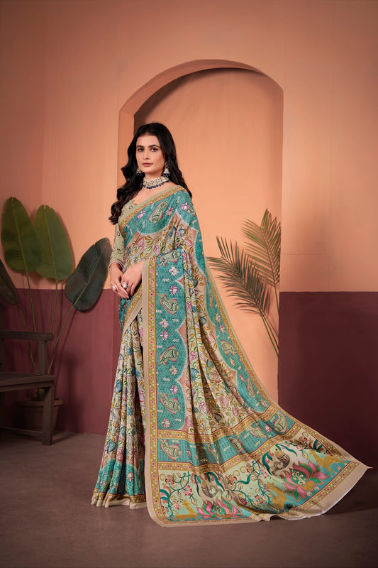 Elegant Beige & Blue Saree with Positional Floral Print & Foil Detailing
