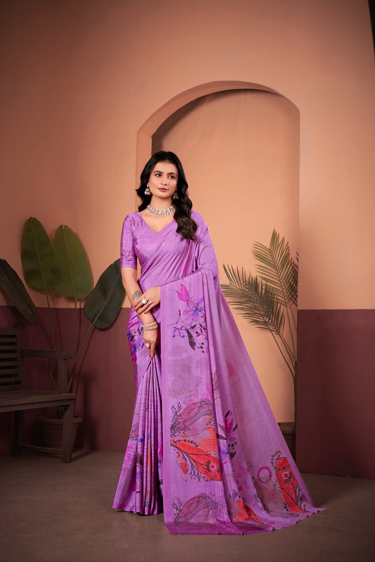 Elegant Lavender Saree with Positional Floral Print & Foil-Embellished Pallu