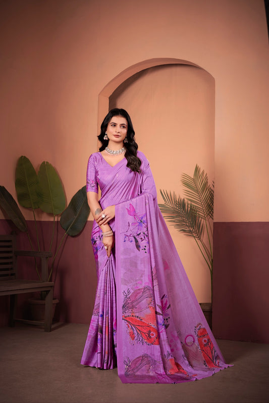 Elegant Lavender Saree with Positional Floral Print & Foil-Embellished Pallu