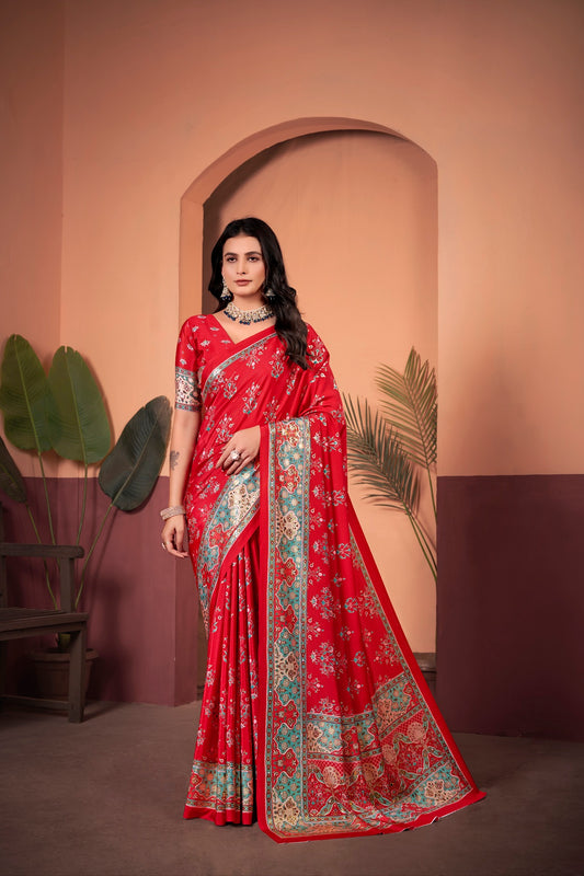 Radiant Tomato Red Saree with Positional Floral Print & Foil Detailing