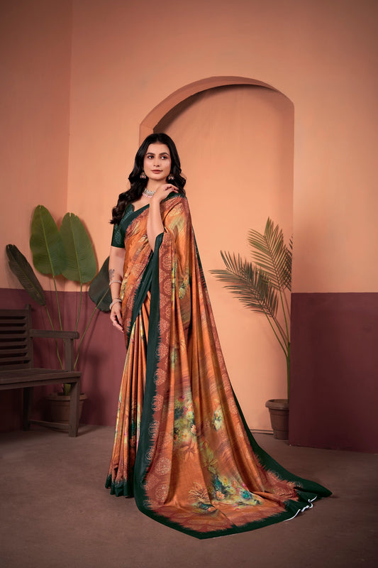 Sophisticated Rust Brown Saree with Positional Floral Print & Foil-Embellished Pallu