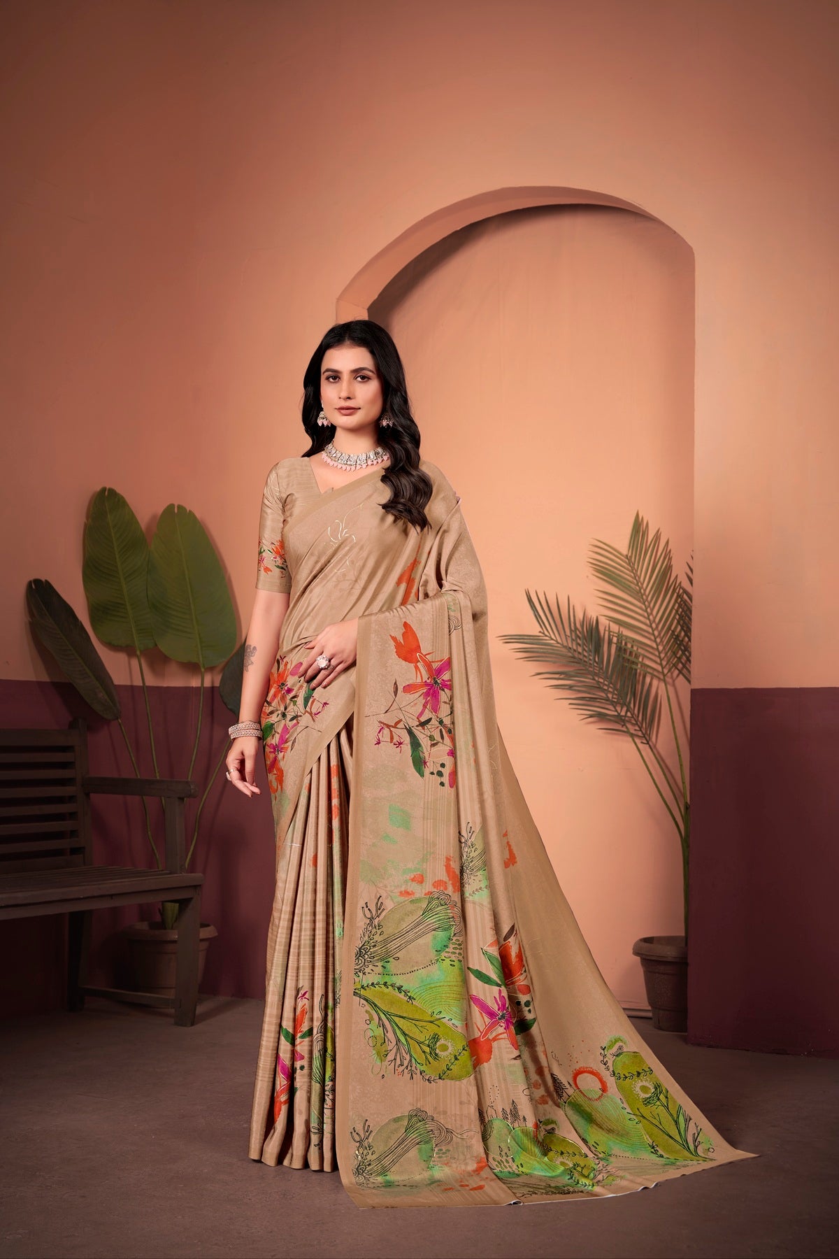 Elegant Beige-Green Saree with Positional Floral Print, Foil Pallu & Floral Border Blouse