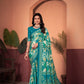 Mesmerizing Turkish Blue Saree with Positional Floral Print & Foil-Embellished Pallu