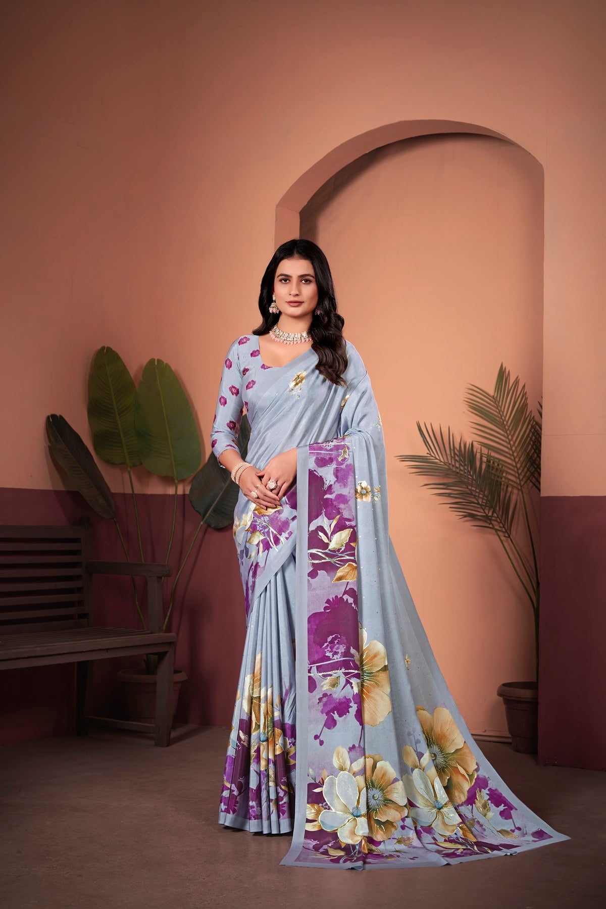 Graceful Lilac Grey Saree with Positional Floral Print & Foil Detailing