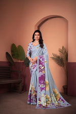 Graceful Lilac Grey Saree with Positional Floral Print & Foil Detailing