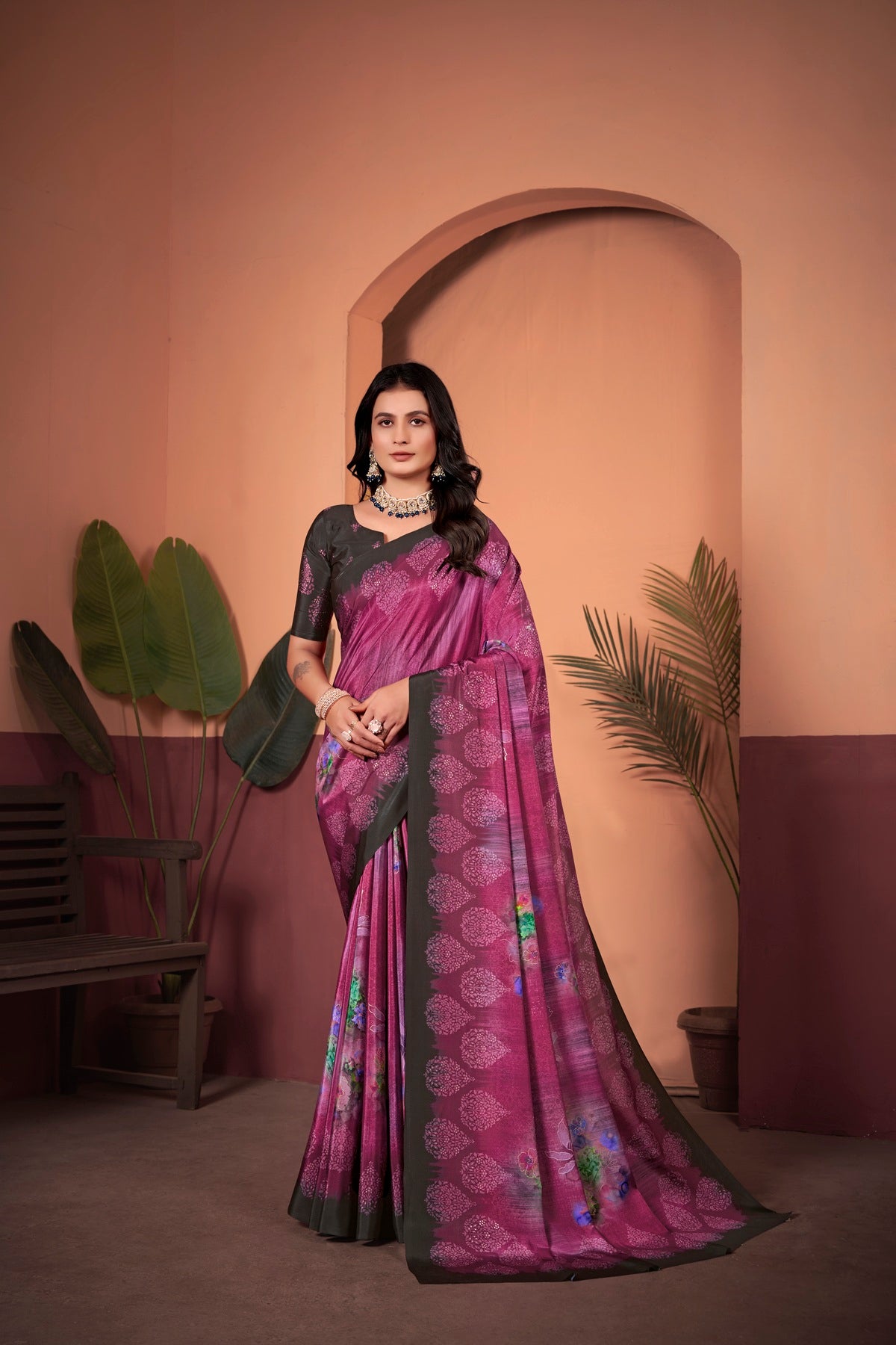 Radiant Magenta Saree with Positional Floral Print & Foil-Embellished Pallu