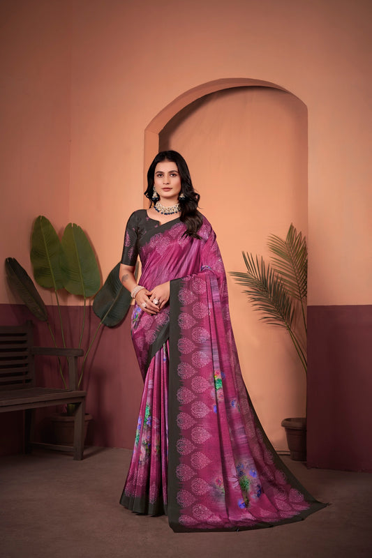 Radiant Magenta Saree with Positional Floral Print & Foil-Embellished Pallu