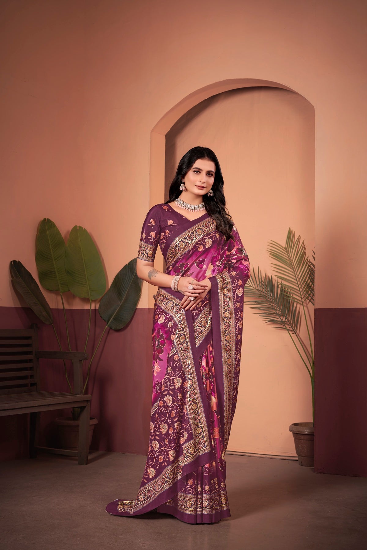 Elegant Wine Saree with Positional Floral Print & Foil Detailing