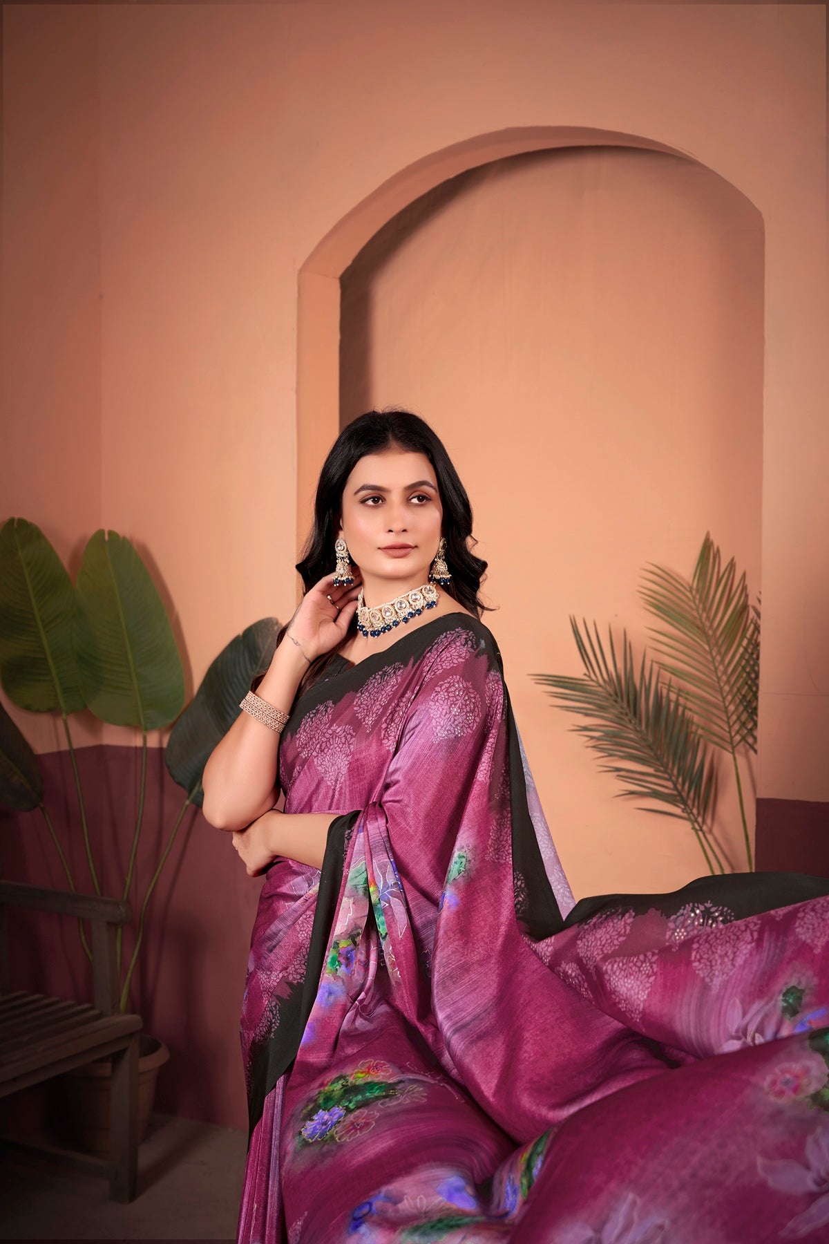 Radiant Magenta Saree with Positional Floral Print & Foil-Embellished Pallu