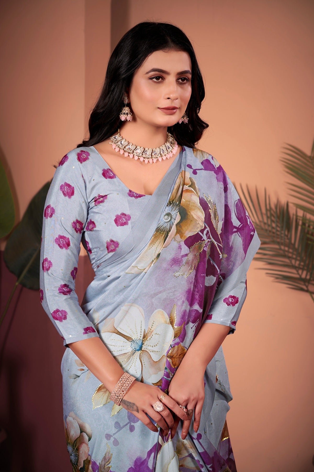 Graceful Lilac Grey Saree with Positional Floral Print & Foil Detailing
