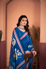 Exquisite Royal Blue Saree with Positional Floral Print & Foil-Embellished Pallu