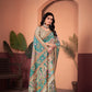 Elegant Beige & Blue Saree with Positional Floral Print & Foil Detailing