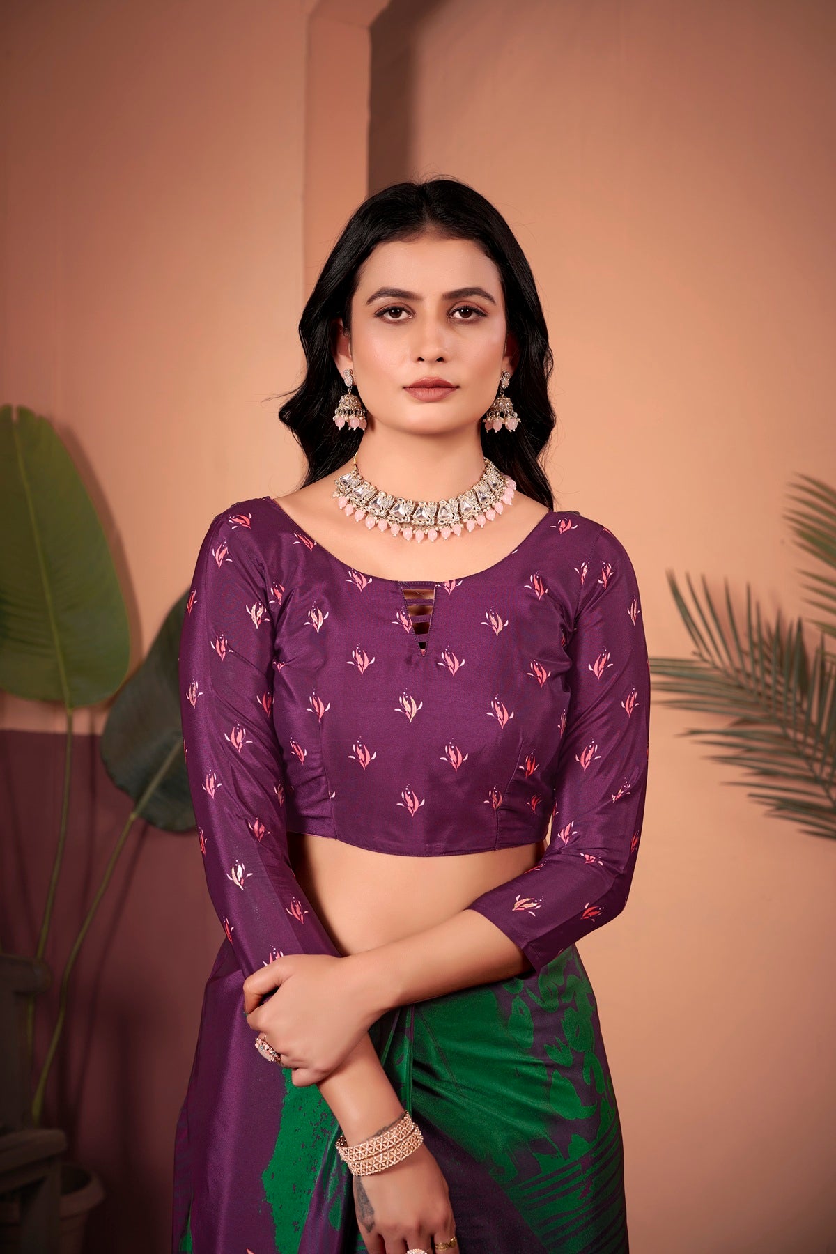 Regal Wine & Green Saree with Positional Floral Print & Foil-Embellished Pallu