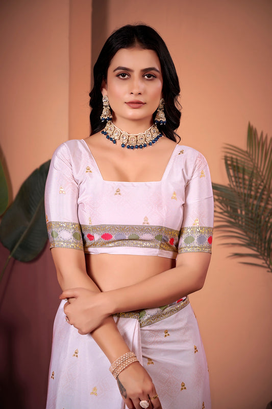 Graceful Off-White Saree with Positional Floral Print & Foil-Embellished Pallu