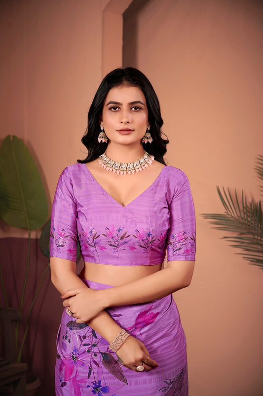 Elegant Lavender Saree with Positional Floral Print & Foil-Embellished Pallu