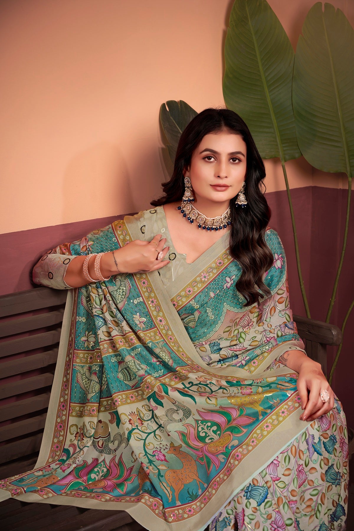 Elegant Beige & Blue Saree with Positional Floral Print & Foil Detailing