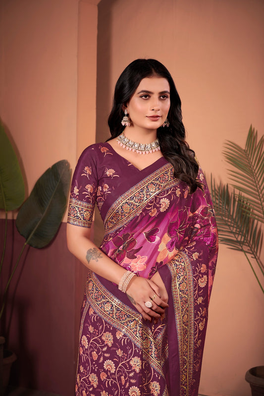 Elegant Wine Saree with Positional Floral Print & Foil Detailing