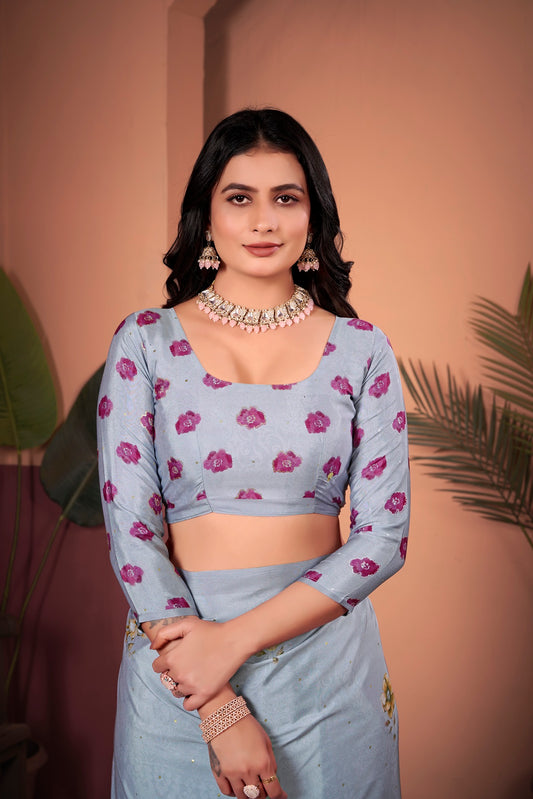 Graceful Lilac Grey Saree with Positional Floral Print & Foil Detailing