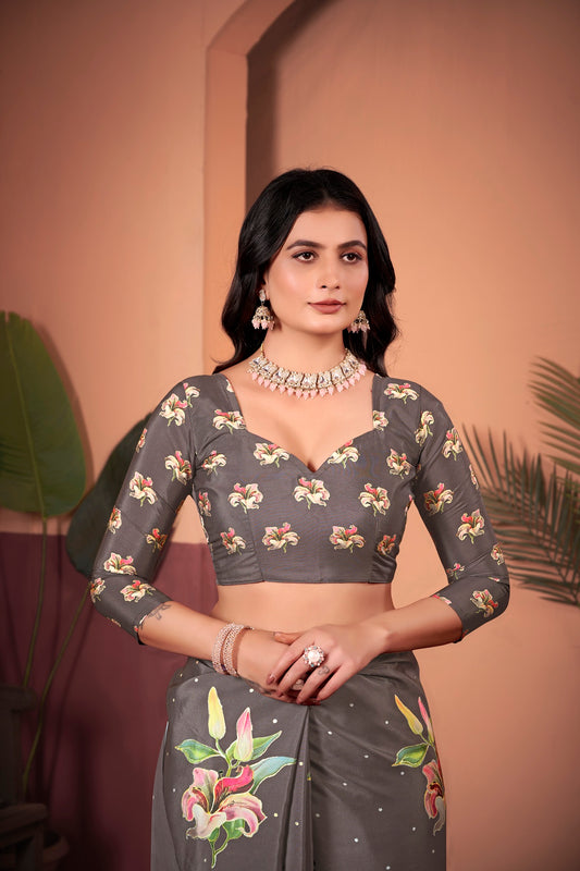 Elegant Coffee Brown Saree with Positional Floral Print & Foil-Embellished Pallu