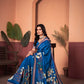 Exquisite Royal Blue Saree with Positional Floral Print & Foil-Embellished Pallu
