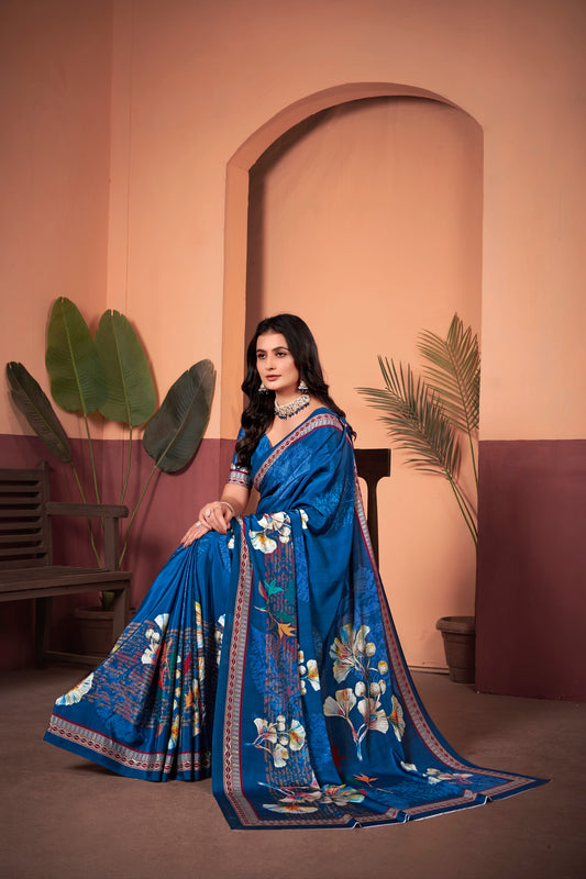 Exquisite Royal Blue Saree with Positional Floral Print & Foil-Embellished Pallu