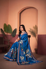 Exquisite Royal Blue Saree with Positional Floral Print & Foil-Embellished Pallu