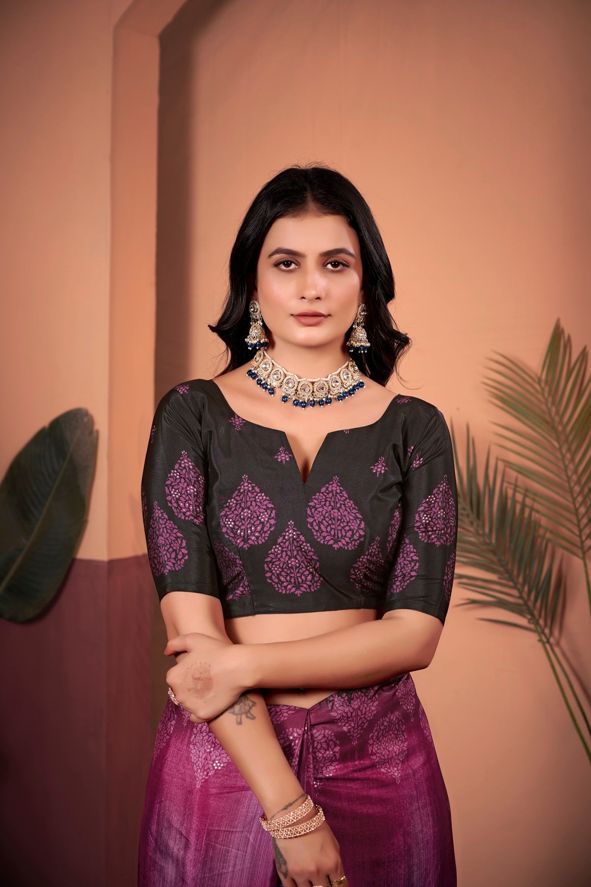 Radiant Magenta Saree with Positional Floral Print & Foil-Embellished Pallu