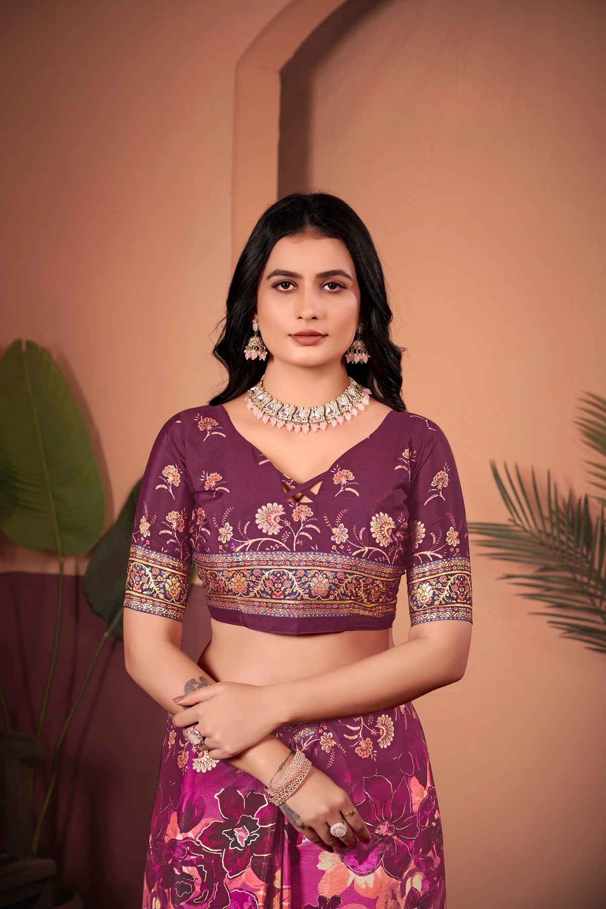 Elegant Wine Saree with Positional Floral Print & Foil Detailing
