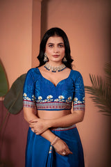 Exquisite Royal Blue Saree with Positional Floral Print & Foil-Embellished Pallu