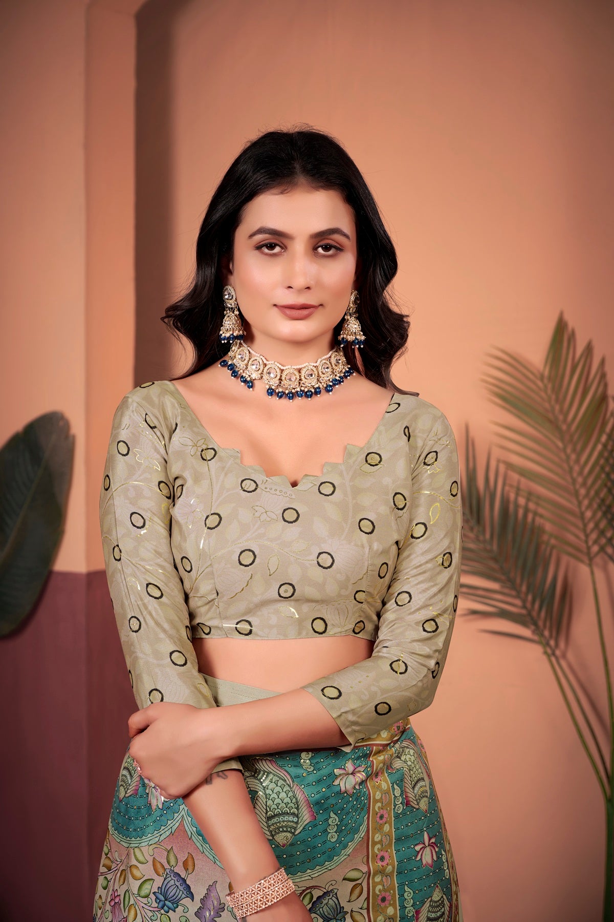 Elegant Beige & Blue Saree with Positional Floral Print & Foil Detailing