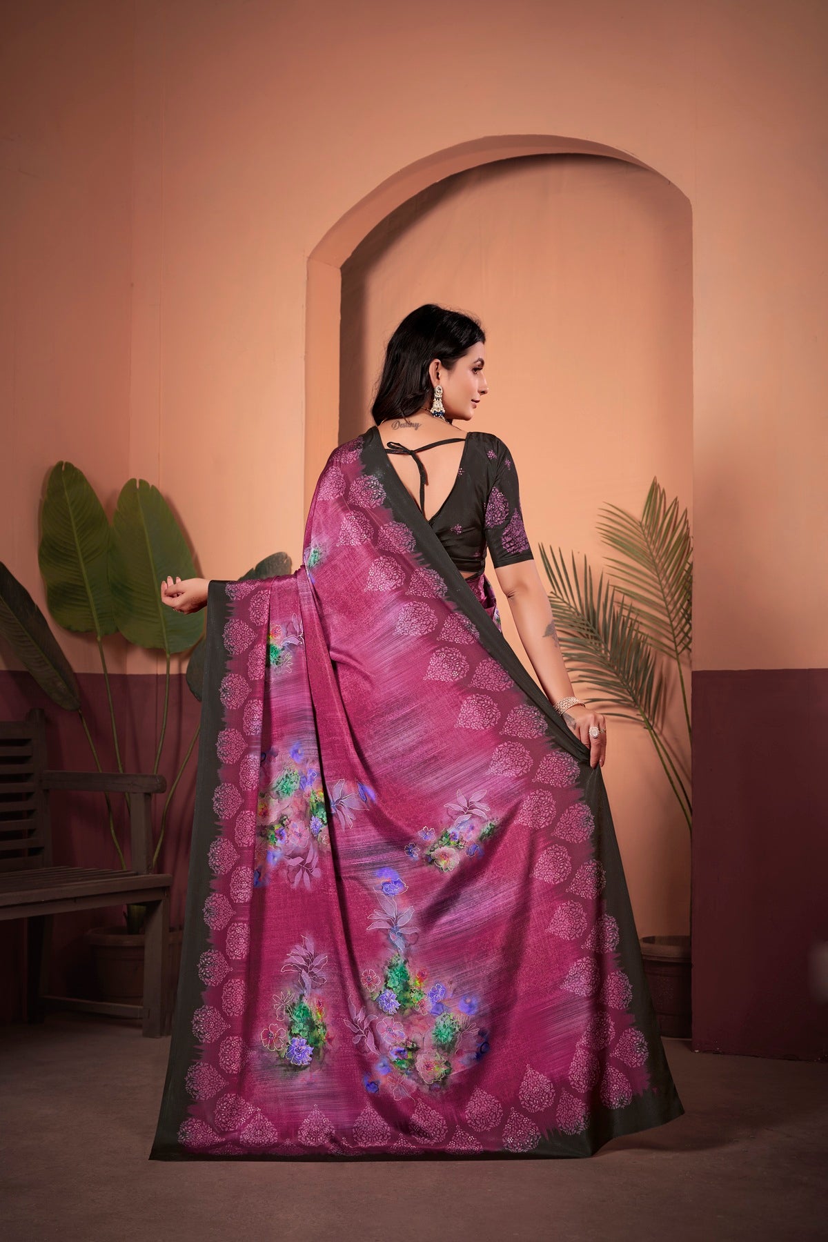 Radiant Magenta Saree with Positional Floral Print & Foil-Embellished Pallu