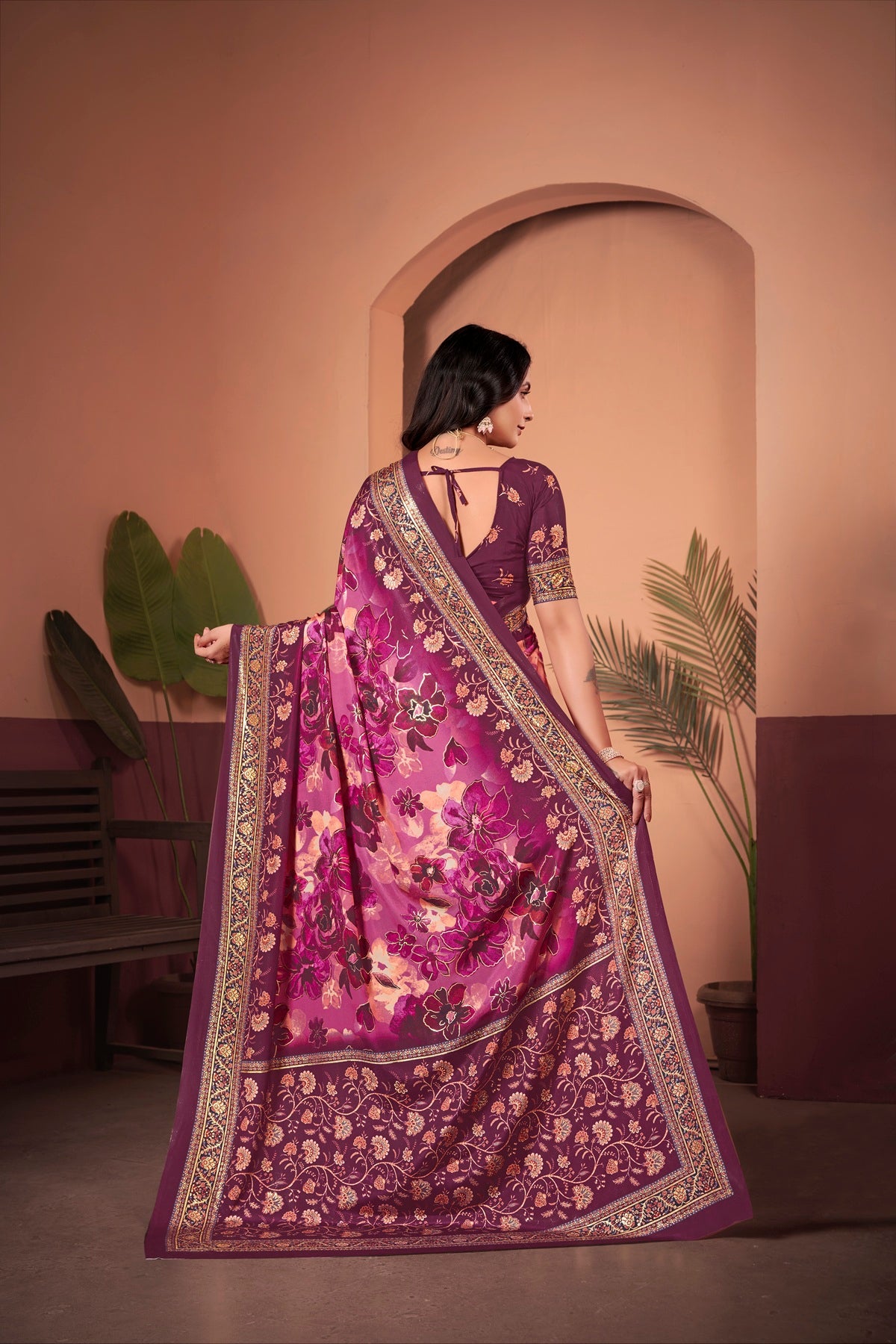 Elegant Wine Saree with Positional Floral Print & Foil Detailing