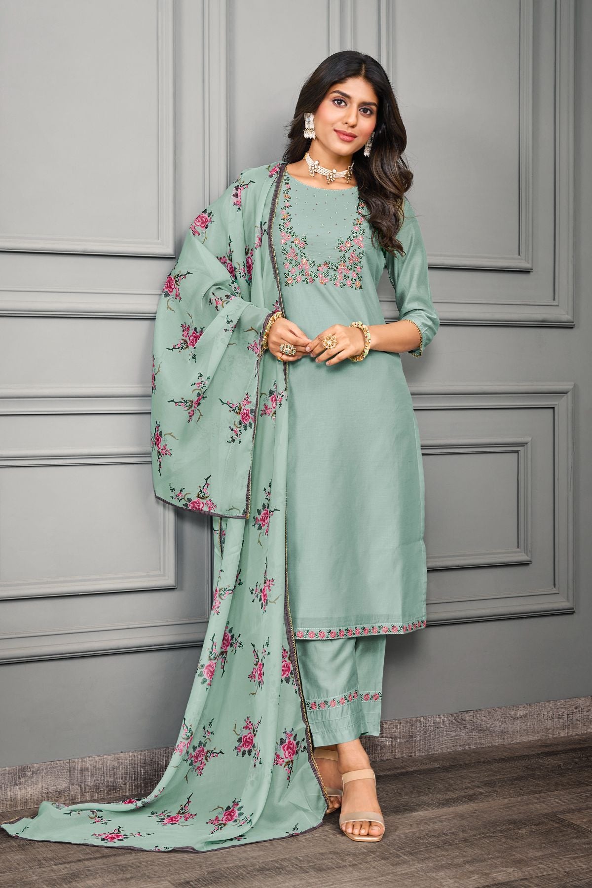 Olive Green Cotton silk with Organza Embroidery Salwar Kameez - jivora