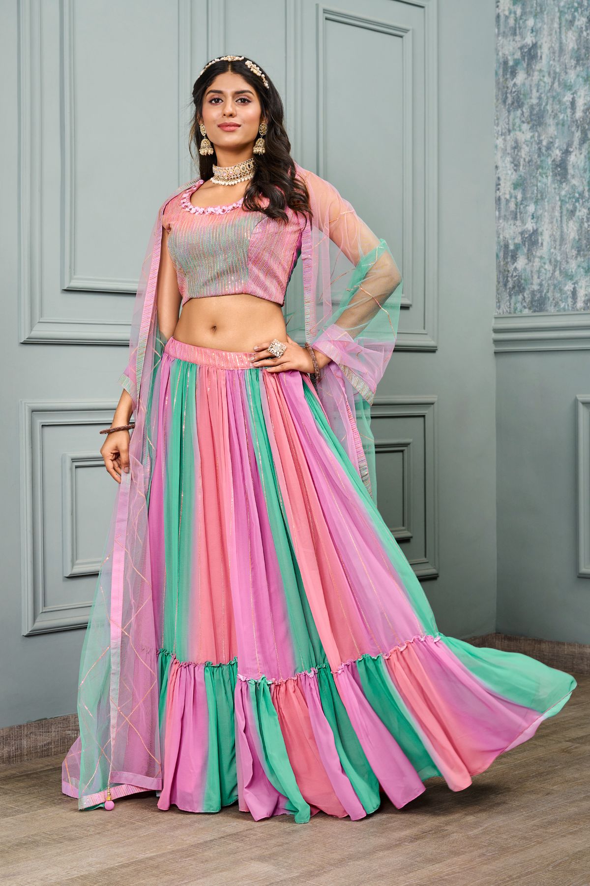 Multicolor Shimmer Georgettes Heavy Embroidery Lehenga - jivora