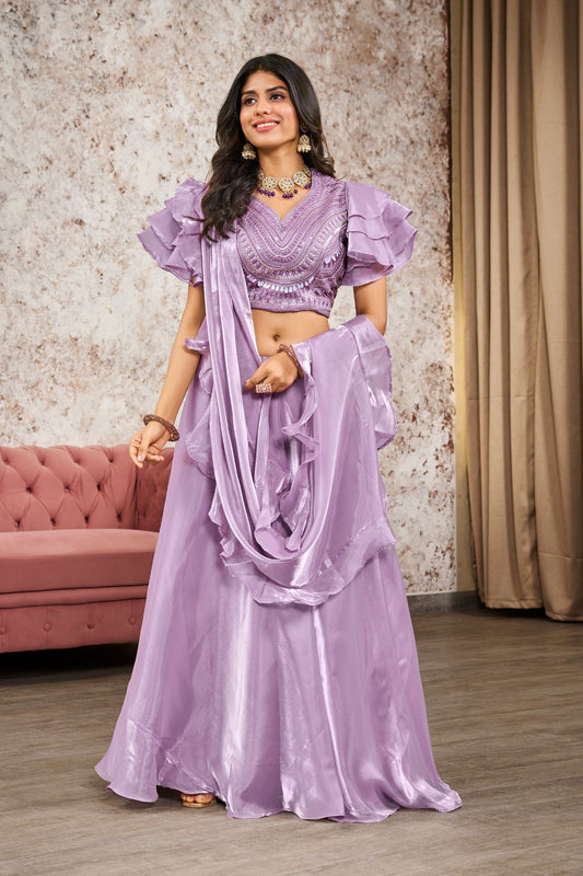 Pink Tissue Heavy Embroidery Lehenga - jivora