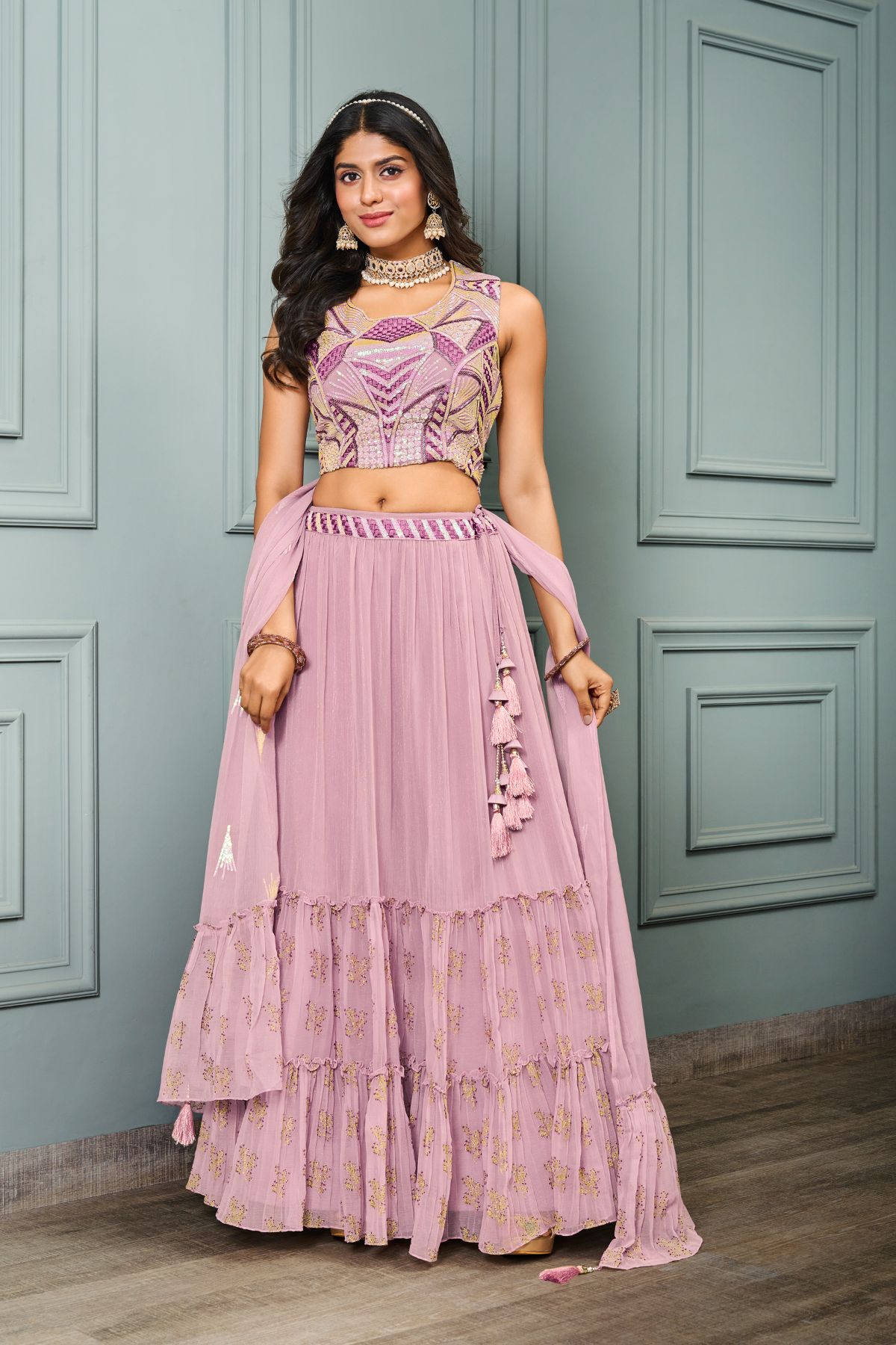 Pink Shimmer Georgettes Heavy Embroidery Lehenga - jivora