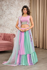 Multicolor Shimmer Georgettes Embroidery Lehenga - jivora