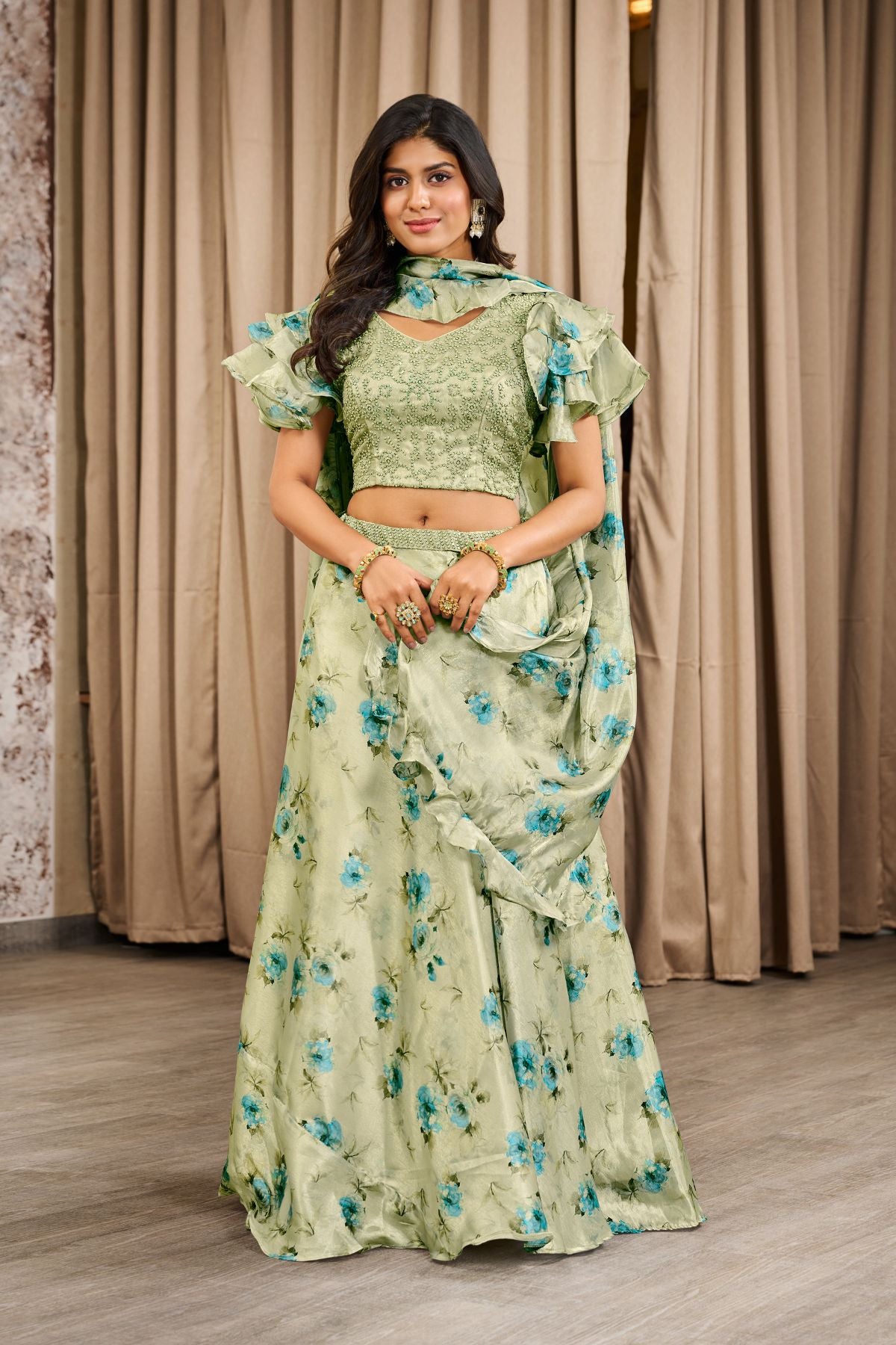 Light Green Tissue Heavy Embroidery Lehenga - jivora