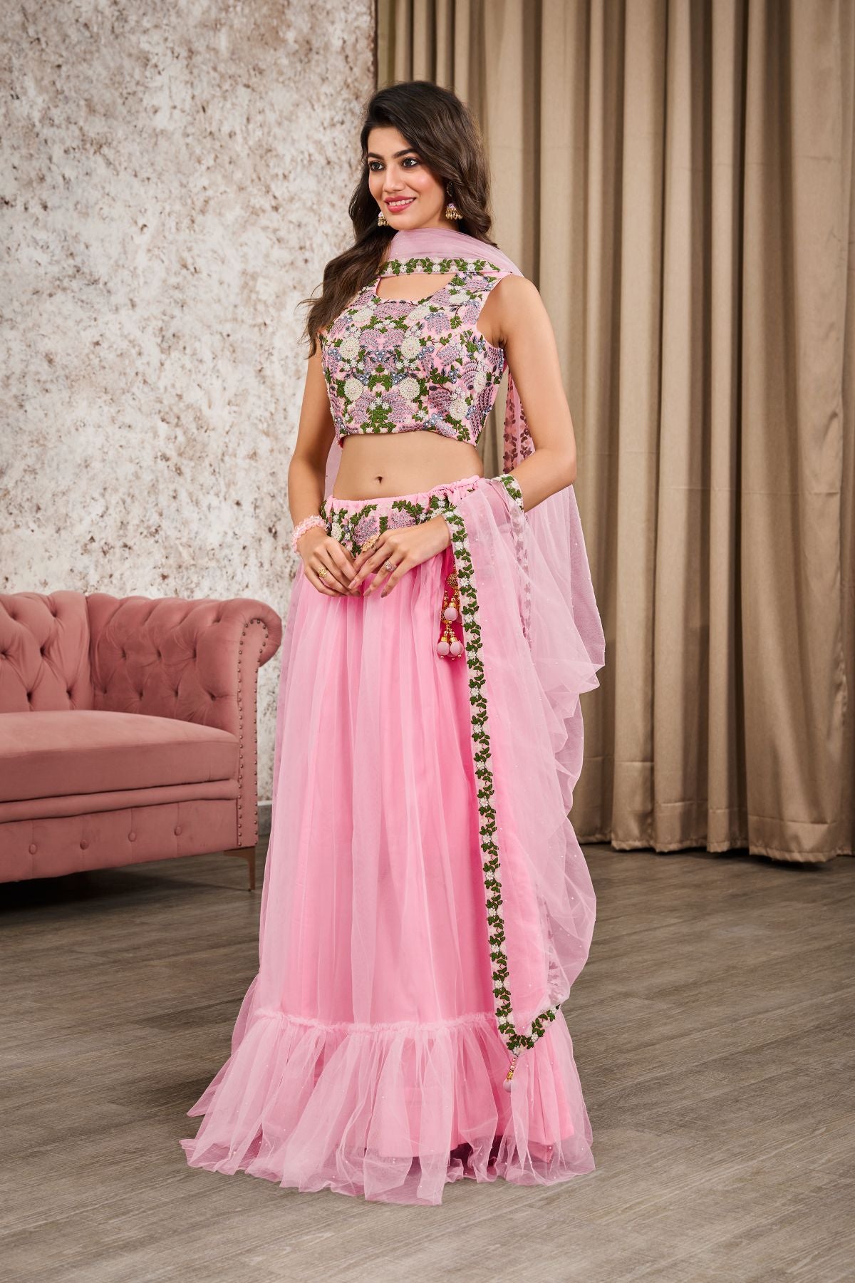 Pink Net Heavy Embroidery Lehenga - jivora