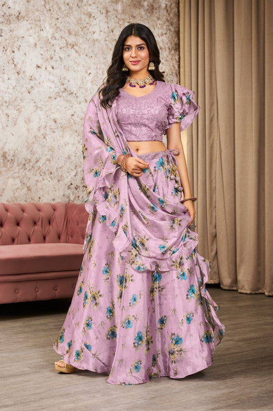 Pink Tissue Embroidery & Sequins Lehenga - jivora