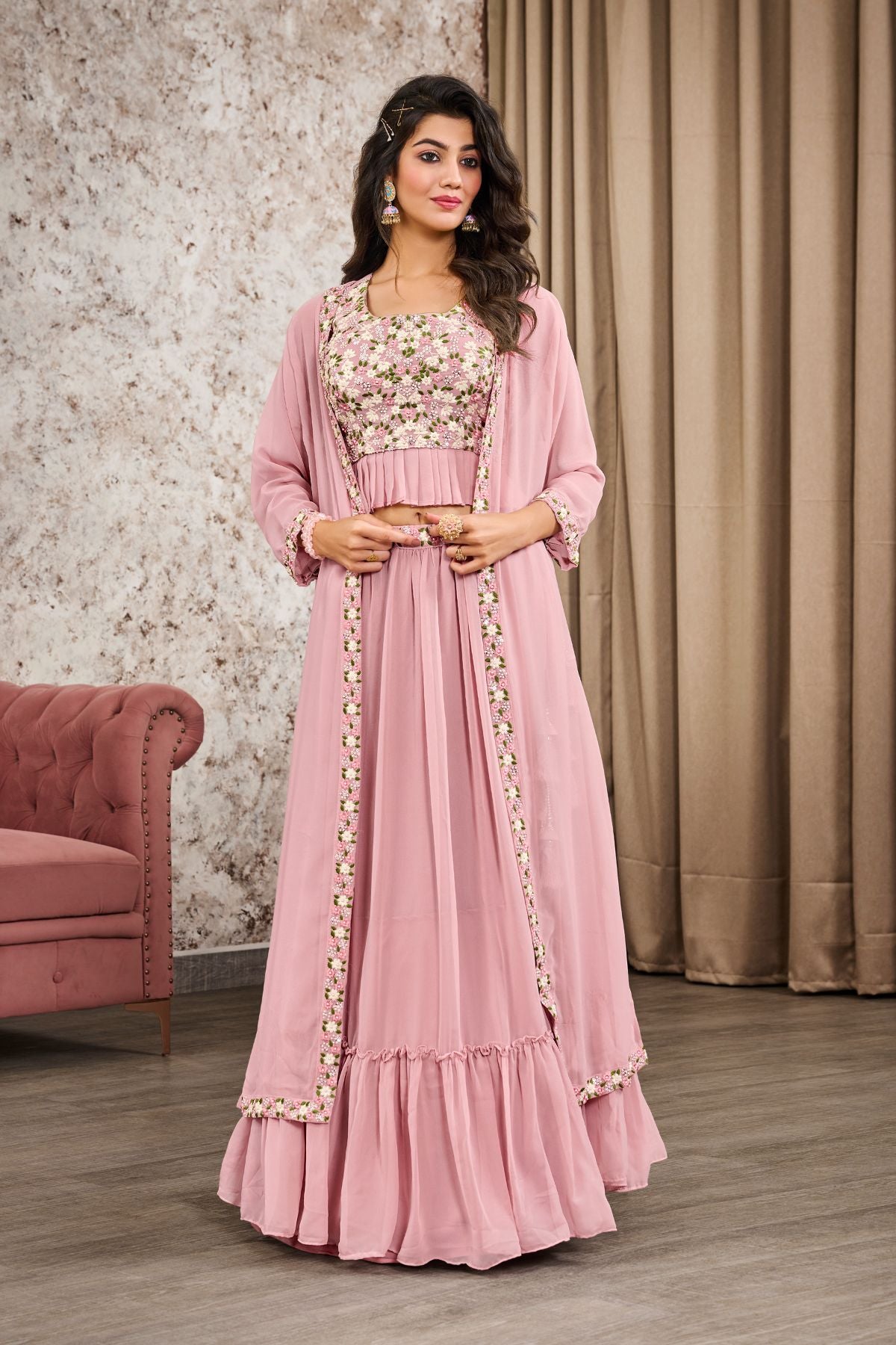 Light Pink Shimmer Georgettes Heavy Embroidery Lehenga - jivora
