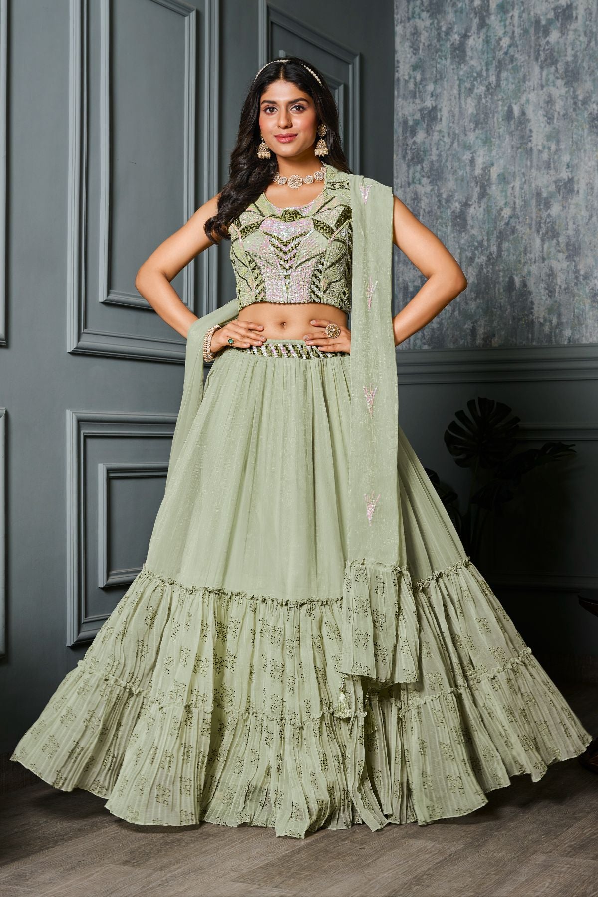 Light Green Shimmer Georgettes Heavy Embroidery Lehenga - jivora