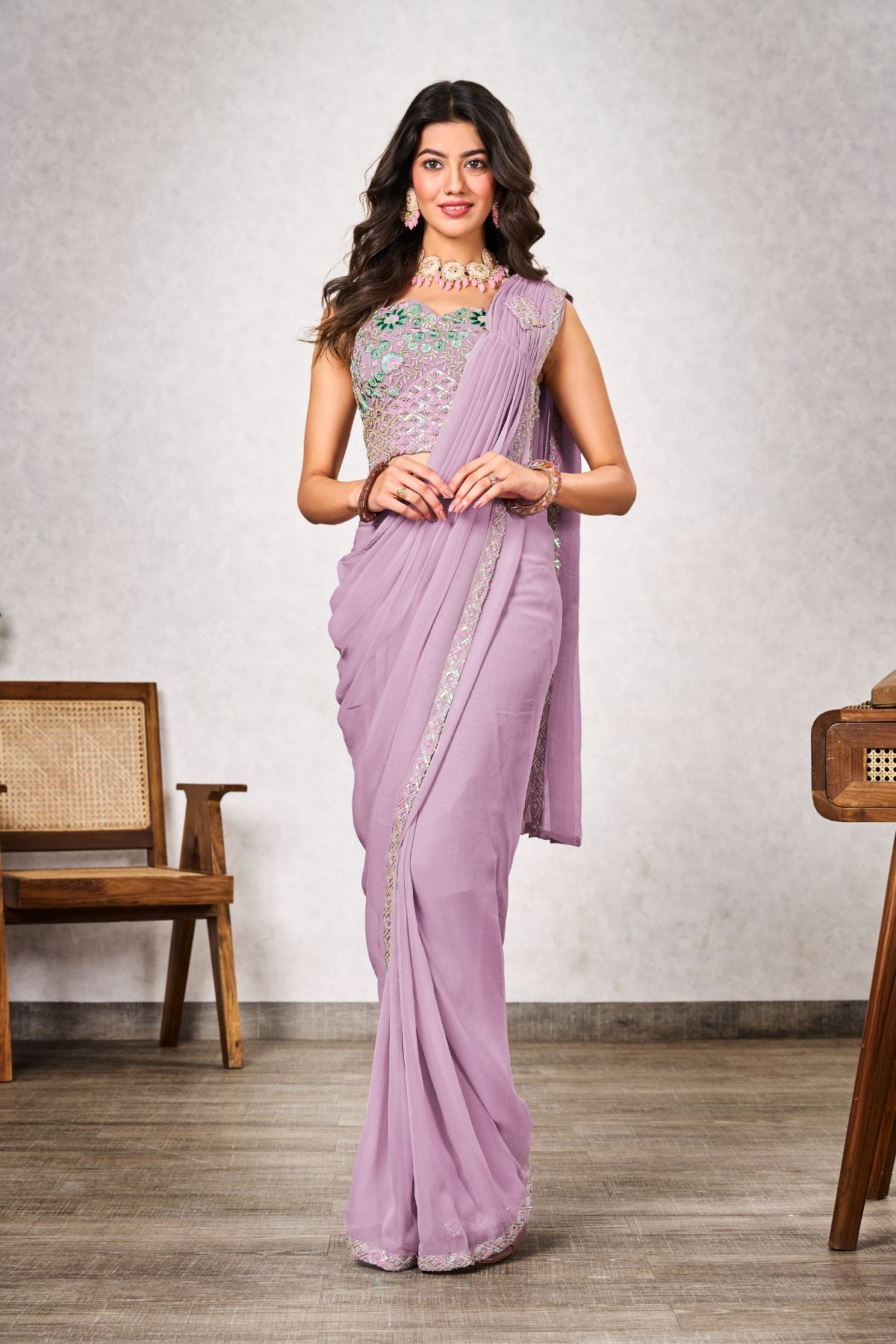 Light Pink Shimmer Georgette Sequins Embellished Saree with Blouse - jivora