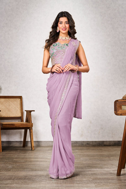 Light Pink Shimmer Georgette Sequins Embellished Saree with Blouse - jivora