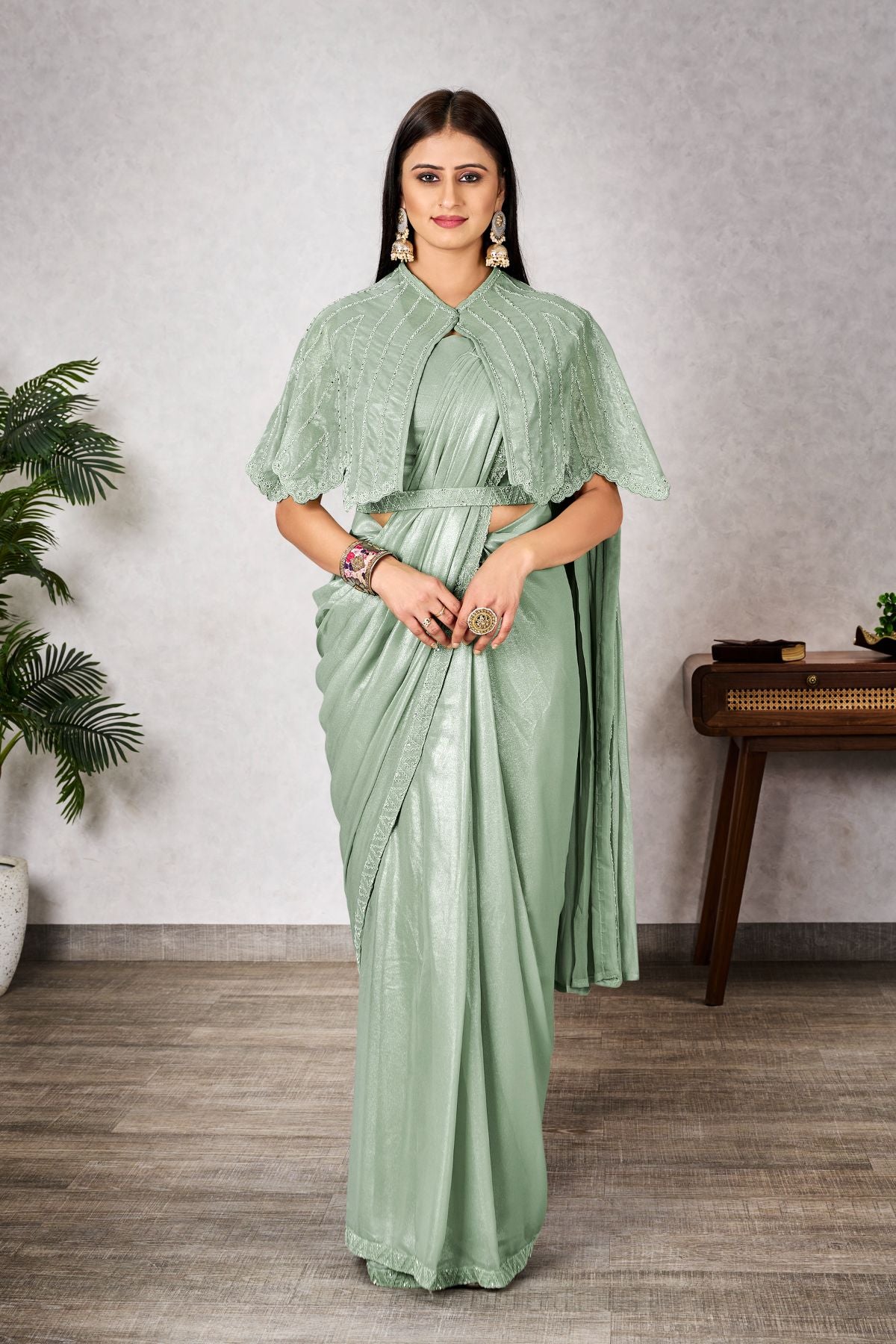 Olive Green shimmer georgettes with designed embroidery - jivora