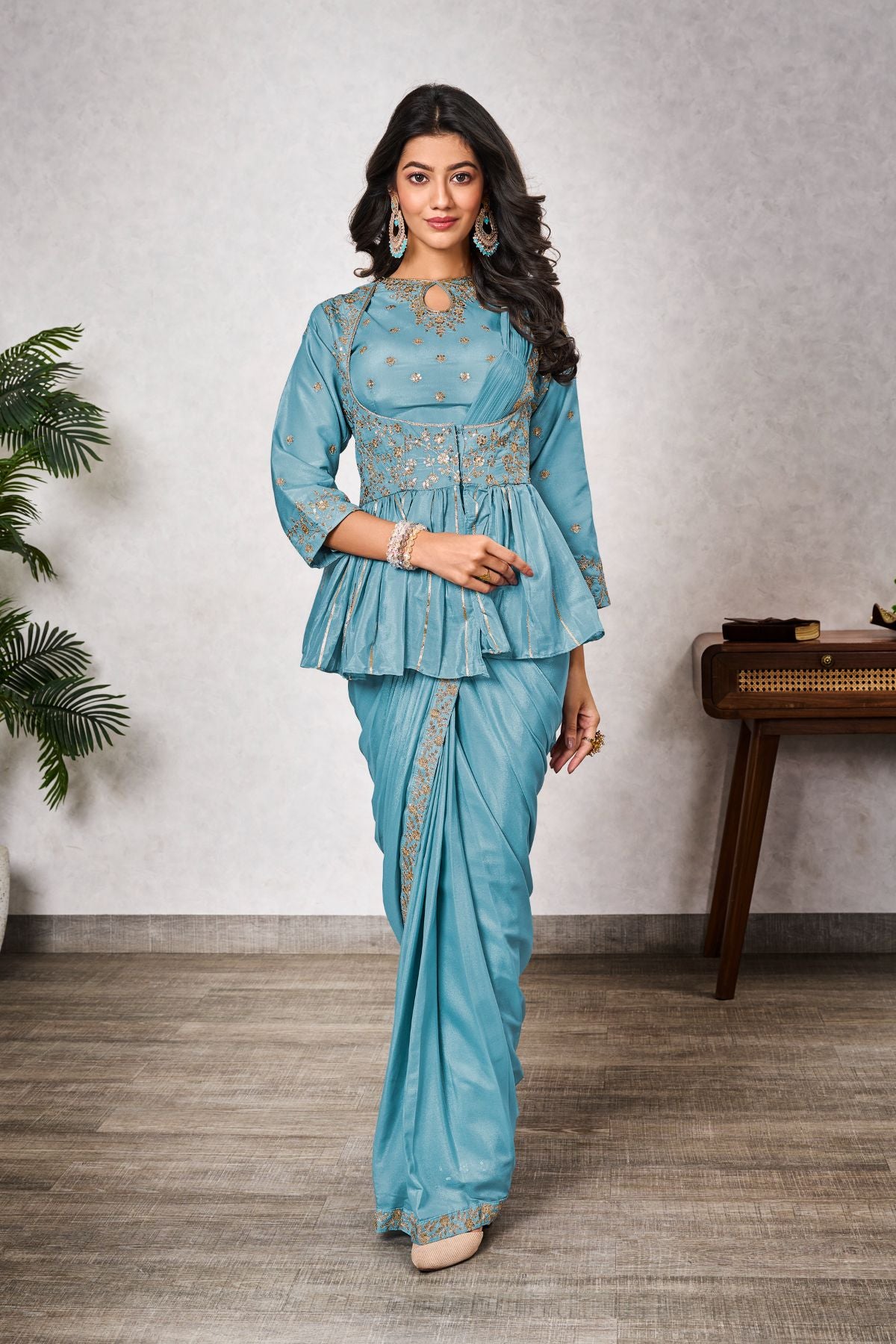 Sky blue Shimmer Georgette intricate embroidery and sequins work - jivora