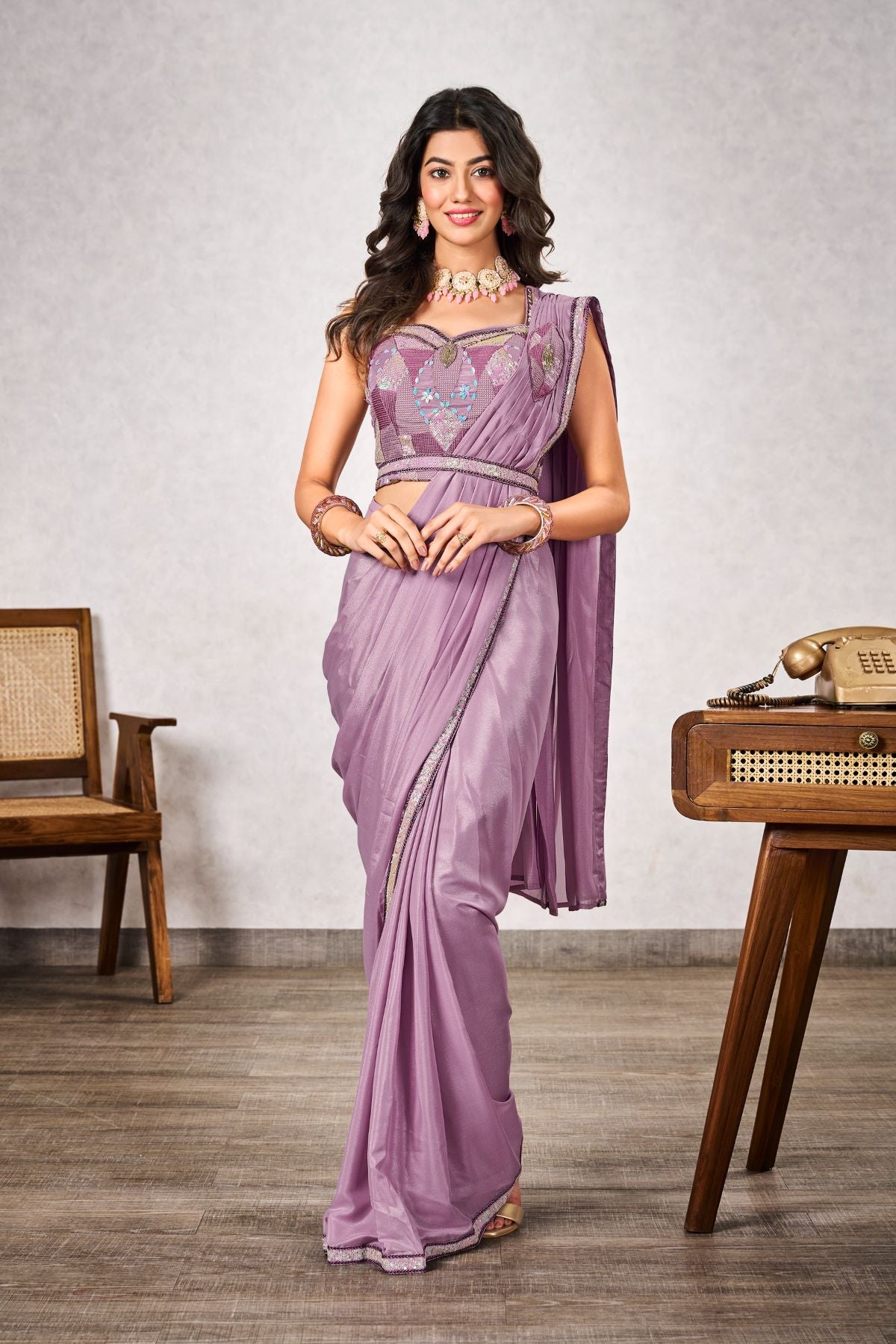 Mauve Shimmer Georgettes Stunning Embroidery and Sequins Work - jivora